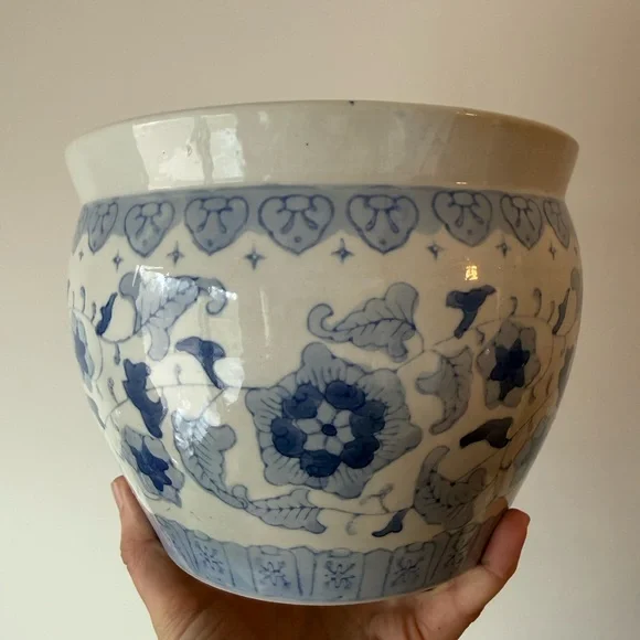 Blue and White Floral Ceramic Planter with Greenery (artificial greenery) - Picture 4 of 7